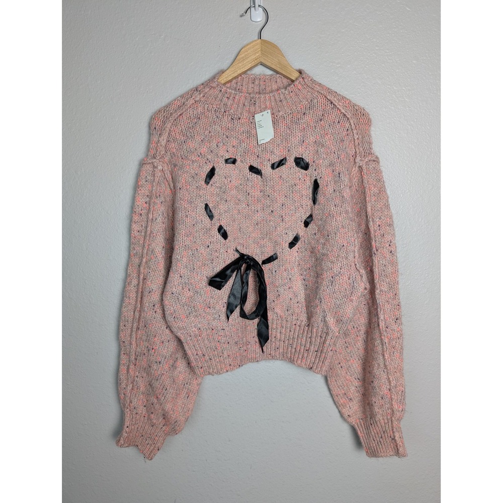 Kimchi Blue Sweater Womens Medium Pink Heart Bow Balloon Sleeve Pullover Knit